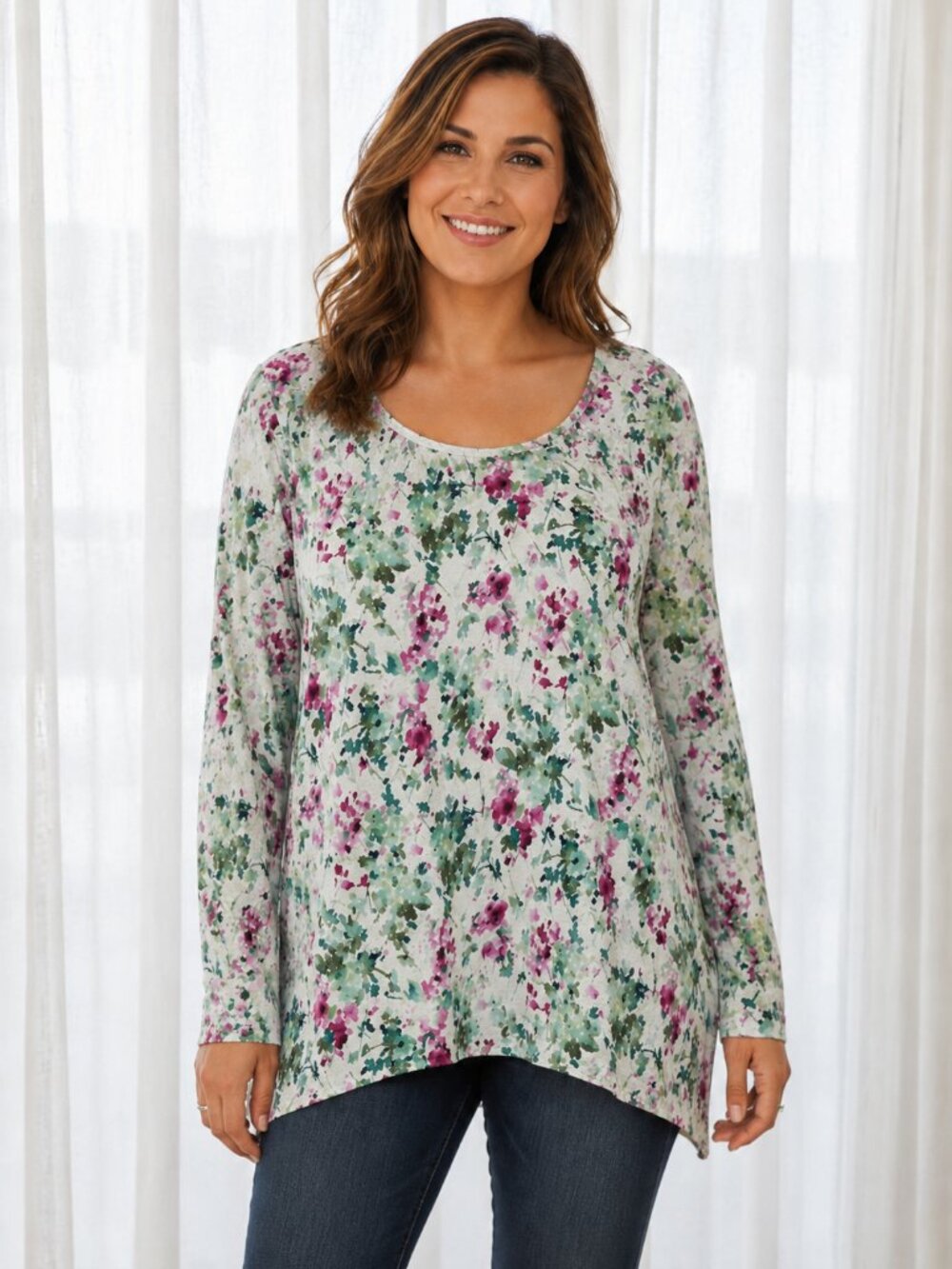 PUREJILL Long Sleeve Scoop Neck Clipped A-Line Gray w/Florals Blouse NWOT XL